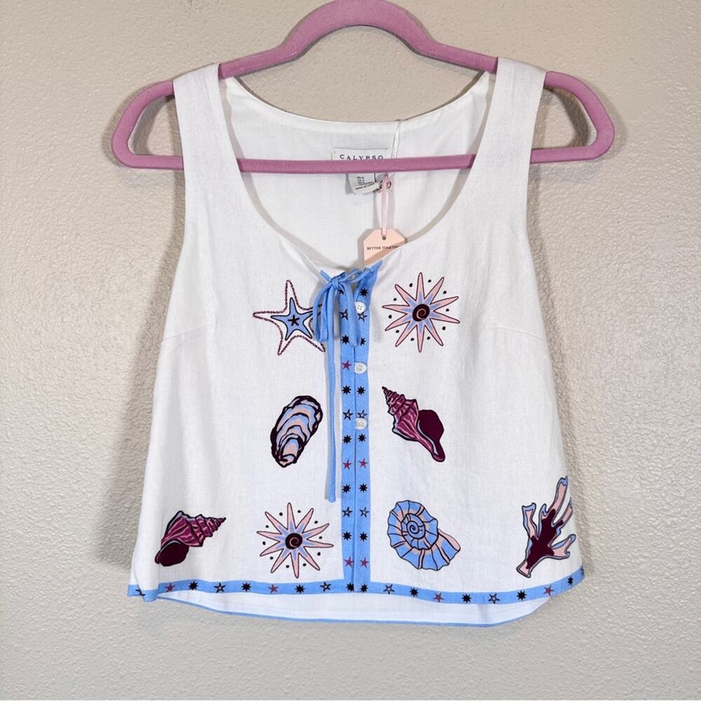 Calypso St Barth White Shell Print Linen Vest Womens 4 Beachy Vacation Tropical - Picture 11 of 11